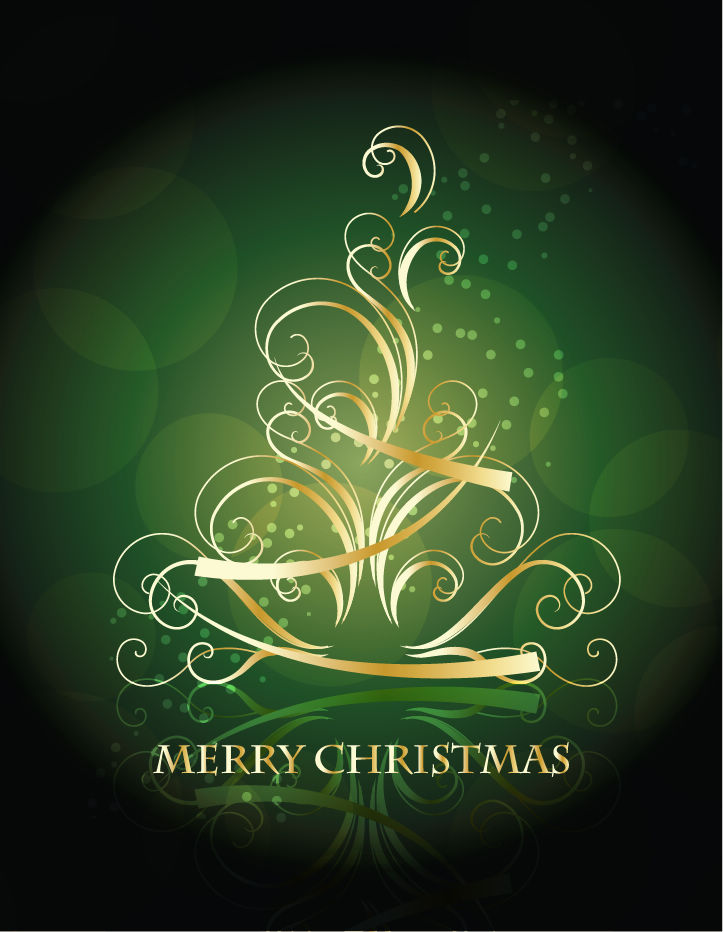 free vector Golden Swirling Christmas Tree with Blackish Green Background